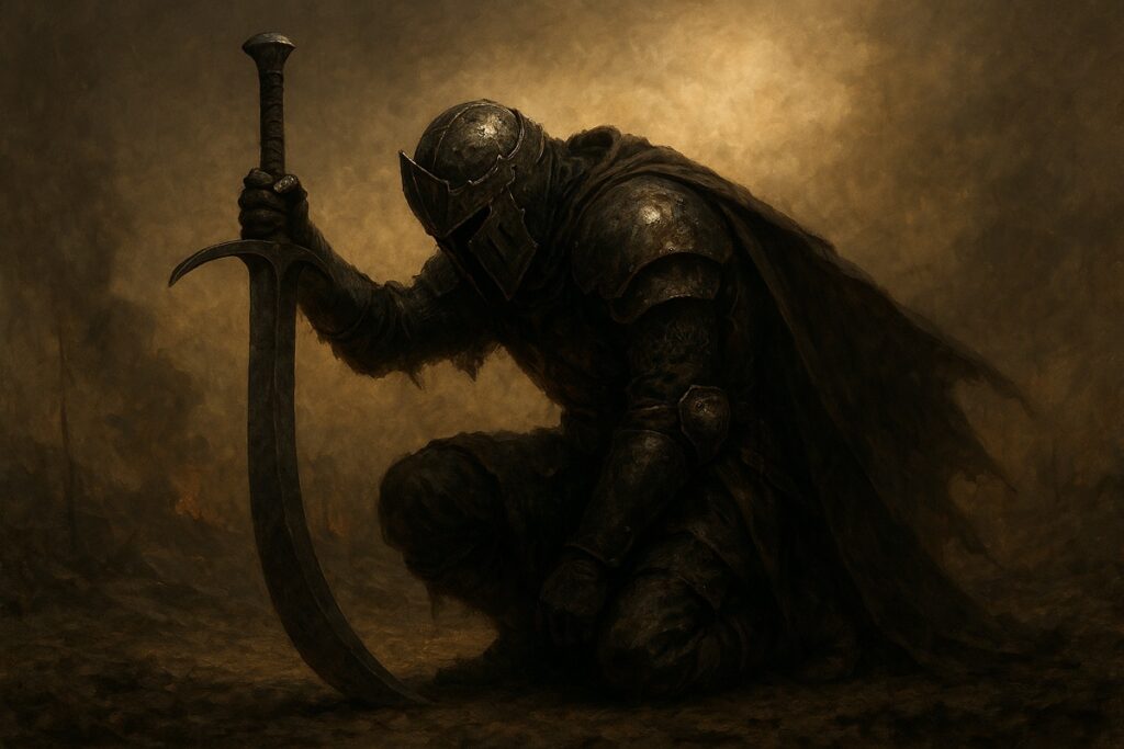 A dark fantasy warrior in full armor kneeling in defeat, supporting himself on an oversized glowing scimitar planted into the ground, illuminated by dramatic light.