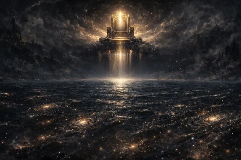 A radiant throne of light hovers above a dark cosmic sea, illuminating the surrounding void and heavens.