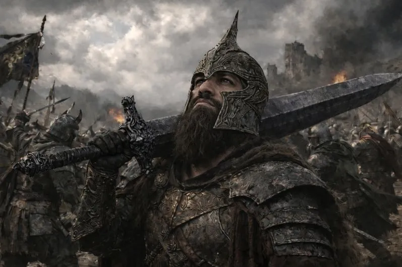 A bearded warrior in worn armor looks upward while resting a greatsword on his shoulder amid a chaotic battlefield.