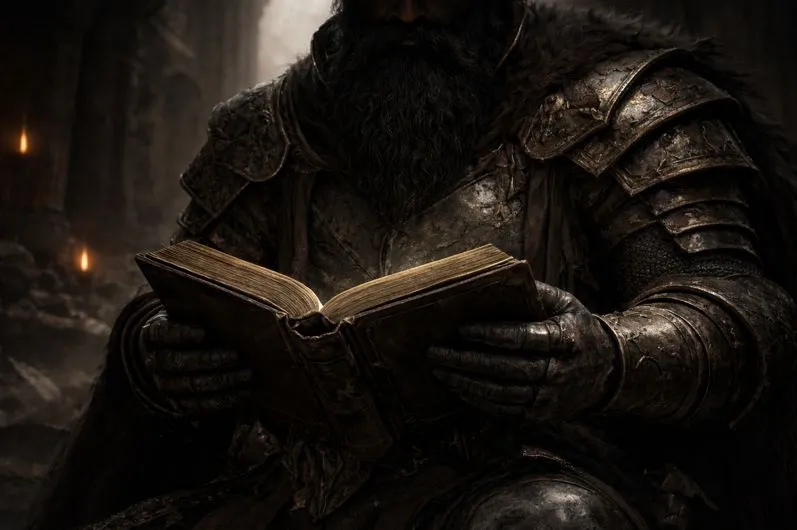 A battle-worn armored man with a long dark beard reads an old book, his face hidden, symbolizing guidance and devotion.