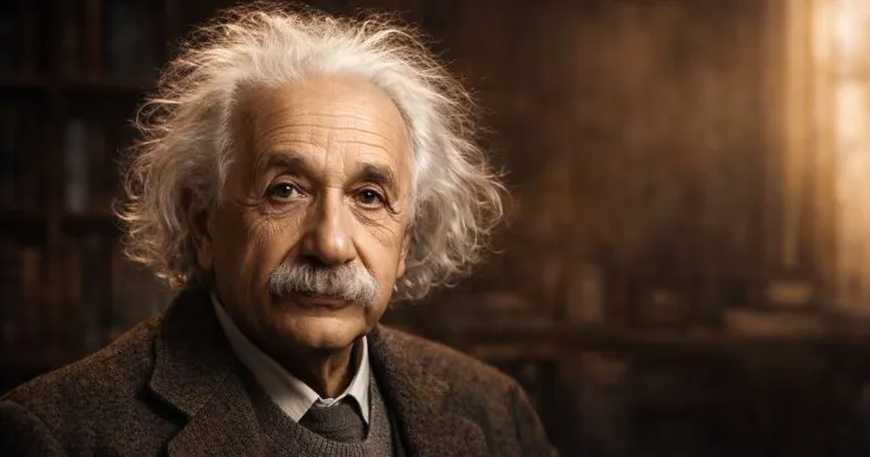 A wide portrait of Albert Einstein with white, unruly hair and a mustache, gazing thoughtfully forward against a warm, softly lit background.