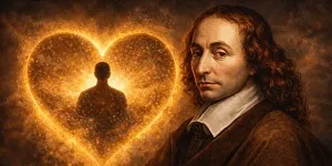 A wide portrait of Blaise Pascal with wavy hair and a contemplative expression, set beside a glowing heart-shaped form containing a human silhouette.
