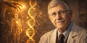 A wide portrait of Francis Collins in a lab coat, with a glowing DNA helix, a human silhouette, and an outstretched luminous hand above, set against a scientific backdrop.