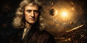 A wide portrait of Isaac Newton with long hair, gazing thoughtfully forward, surrounded by planets, celestial diagrams, and scientific instruments glowing with warm light.