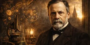 A wide portrait of Louis Pasteur with a beard, standing beside a microscope and laboratory glassware, with glowing microscopic forms in the background.