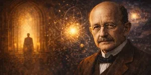 A wide portrait of Max Planck in formal attire, positioned between a softly lit spiritual interior and a cosmic scene filled with atoms, equations, and stars.